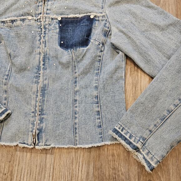 Vtg Express Denim Jacket Womens L Raw Hem Rhinestones 90s Festival Scene Grunge - Picture 3 of 9